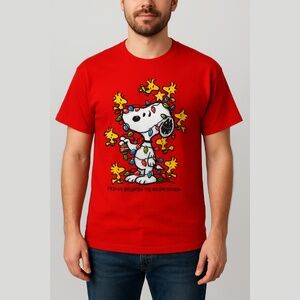 PEANUTS Snoopy Woodstock Christmas Lights Tshirt Red Men's Size Large Unisex NWT